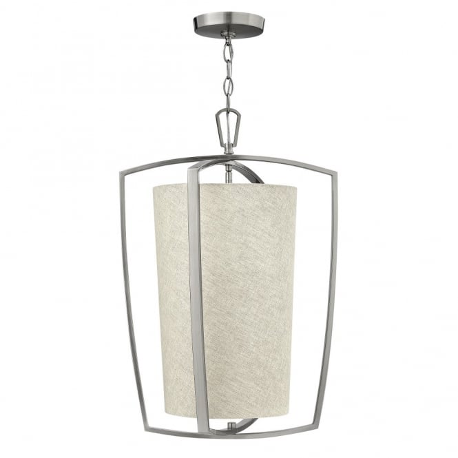 BLAKELY contemporary ceiling pendant with brushed nickel outer frame & fabric drum shade (large)