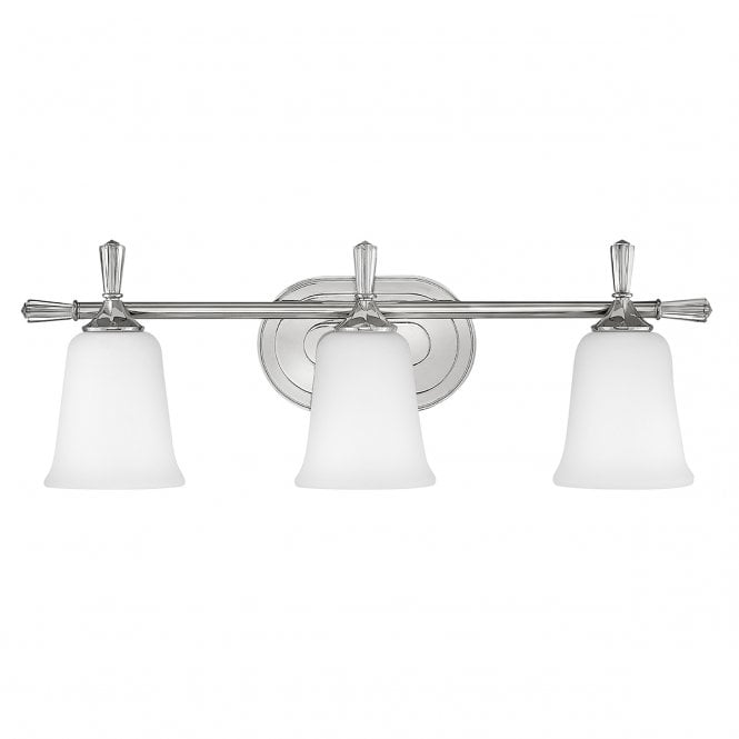 BLYTHE Bathroom 3 Light Over Mirror Bar Light in Chrome with Opal Glass Shades and Crystal Finials