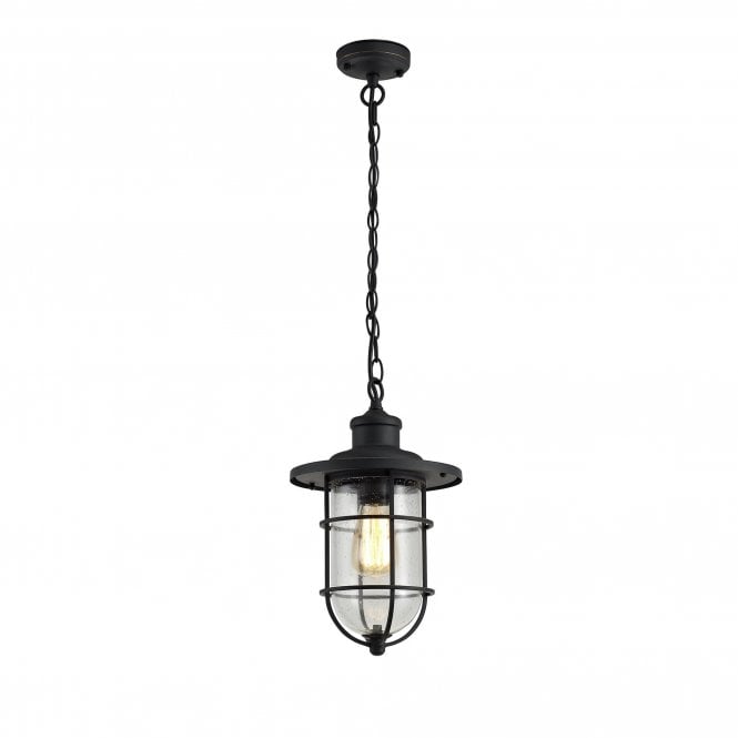 BLYTHE vintage black and distressed gold outdoor hanging lantern with clear seeded glass