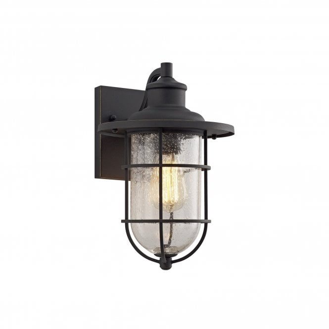 BLYTHE vintage style outdoor wall lantern in black with distressed gold and clear seeded glass