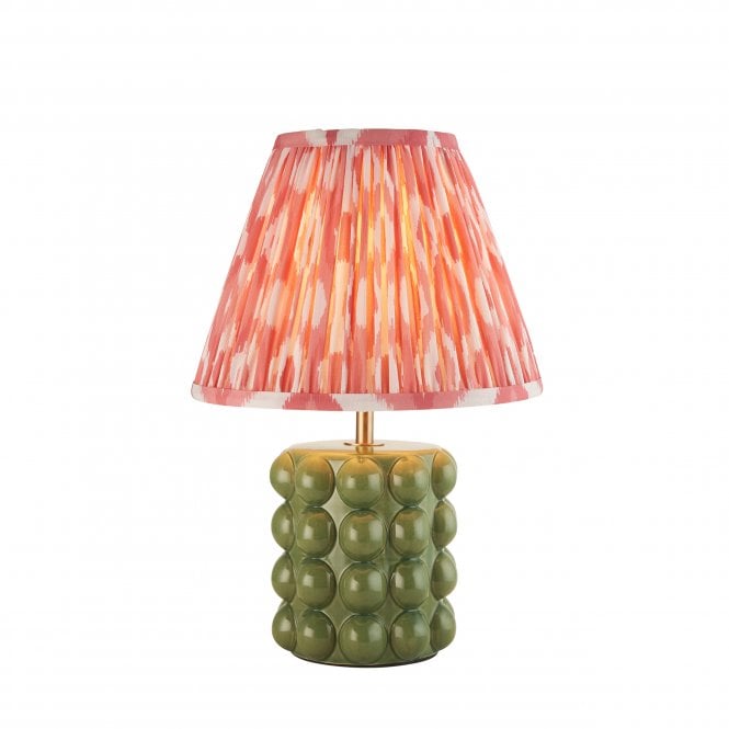 Bobble Olive Green Ceramic Table Lamp with Ikat Shade in Coral Pink