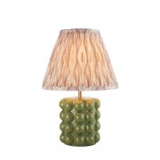 olive green ceramic table lamp with neutral ikat pattern shade