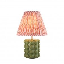 olive green ceramic table lamp with pink ripple pattern shade