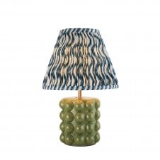 olive green ceramic table lamp with blue ripple pattern shade