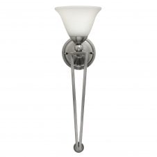classic wall torcherie light in brushed nickel with white bell shaped glass shade