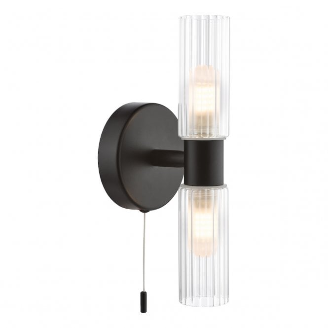 Bolton 2 Light Bathroom Wall Light in Matt Black with Ribbed Glass IP44