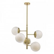 BOMBAZINE 5 light natural brass pendant with opal glass globes