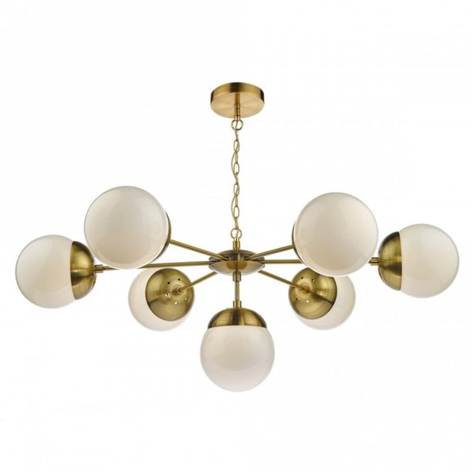 BOMBAZINE 7 light antique brass pendant with glass globe shades