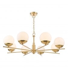 BOMBAZINE 8 Light Ceiling Pendant in Natural Brass with Opal Glass