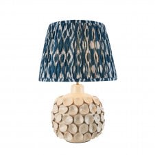 white ceramic table lamp with blue ikat pattern lampshade