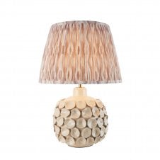 white ceramic table lamp with neutral ikat pattern lampshade