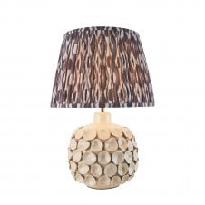 white ceramic table lamp with grey ikat pattern lampshade