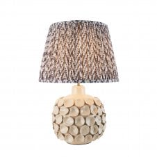 white ceramic table lamp with grey leaf pattern lampshade