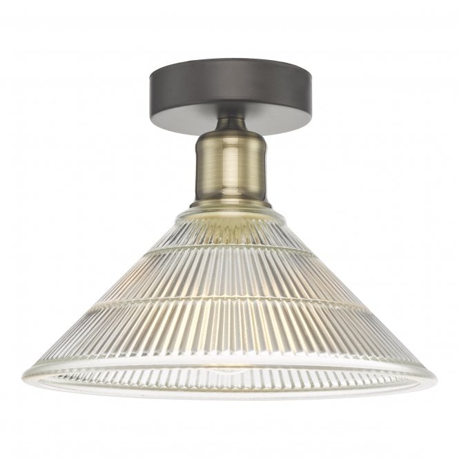 BOYD 1 Light Flush Ceiling Light Antique Brass with Prismatic Glass Shade