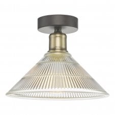  Light Flush Ceiling Light Antique Brass Glass Shade 