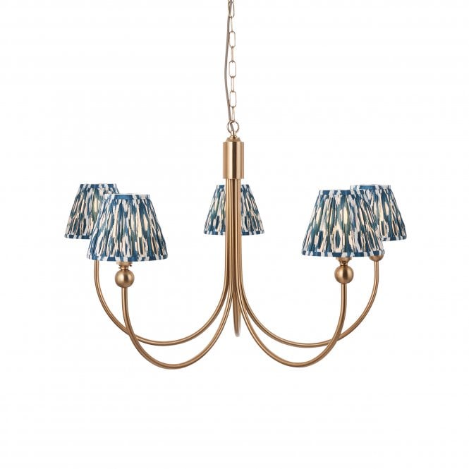 Brass Santiago 5 Light Curved Pendant With Ikat Shades In Marlin Blue