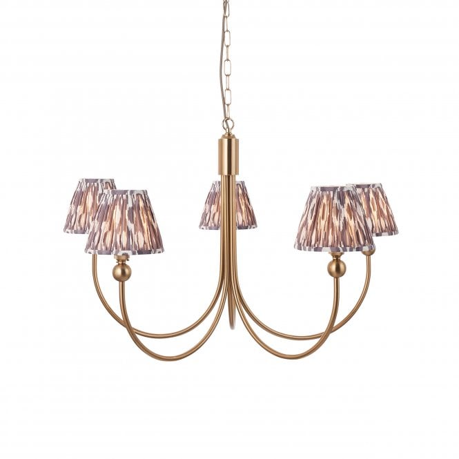 Brass Santiago 5 Light Curved Pendant With Ikat Shades In Pearl Grey