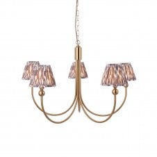 brass curved 5 light pendant with ikat pattern grey shades
