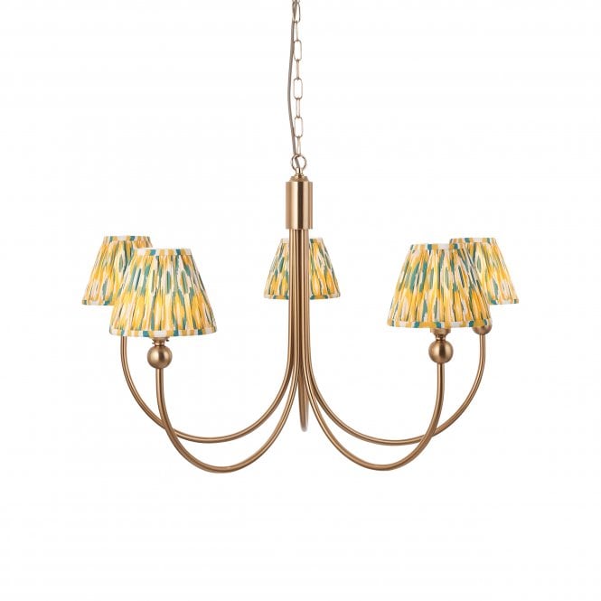 Brass Santiago 5 Light Curved Pendant With Ikat Shades In Yellow & Jade 