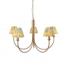 brass curved pendant light with ikat shades in yellow and green