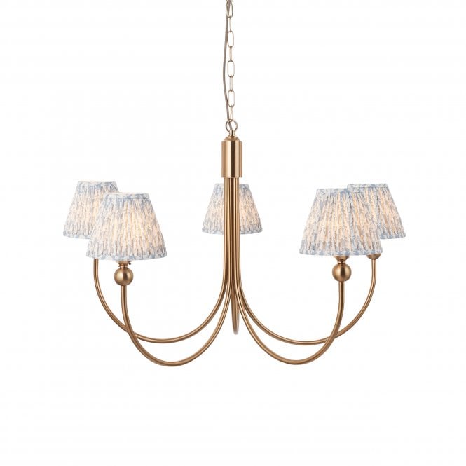 Brass Santiago 5 Light Curved Pendant With Leaf Shades In Blue
