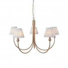 brass curved 5 light ceiling pendant with leaf pattern shades in blue