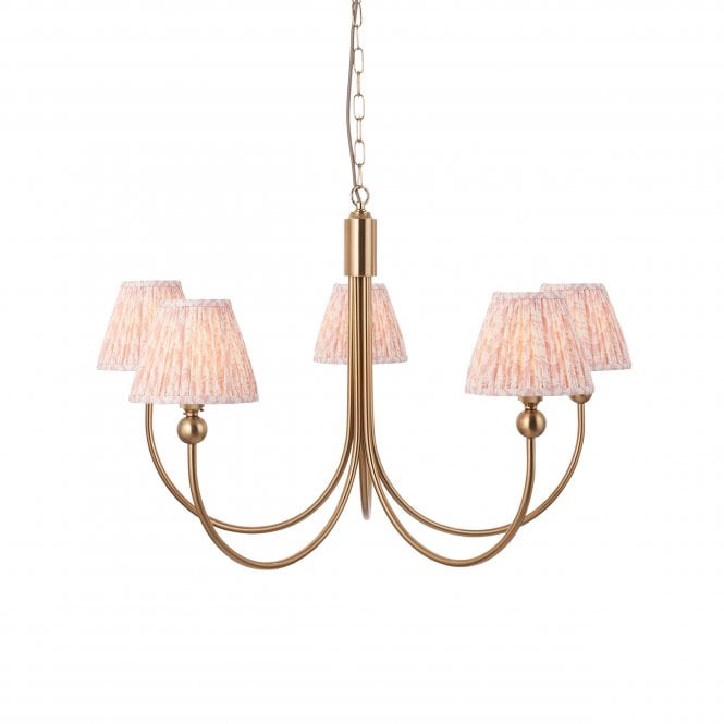 Brass Santiago 5 Light Curved Pendant With Leaf Shades In Peach