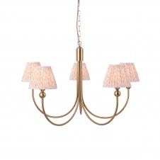 brass curved 5 light pendant ceiling light with leaf shades in peach 