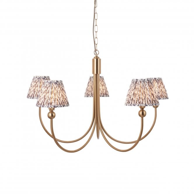 Brass Santiago 5 Light Curved Pendant With Leaf Shades In Pearl Grey