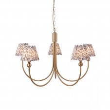 brass curved 5 light ceiling pendant with leaf pattern shades in grey