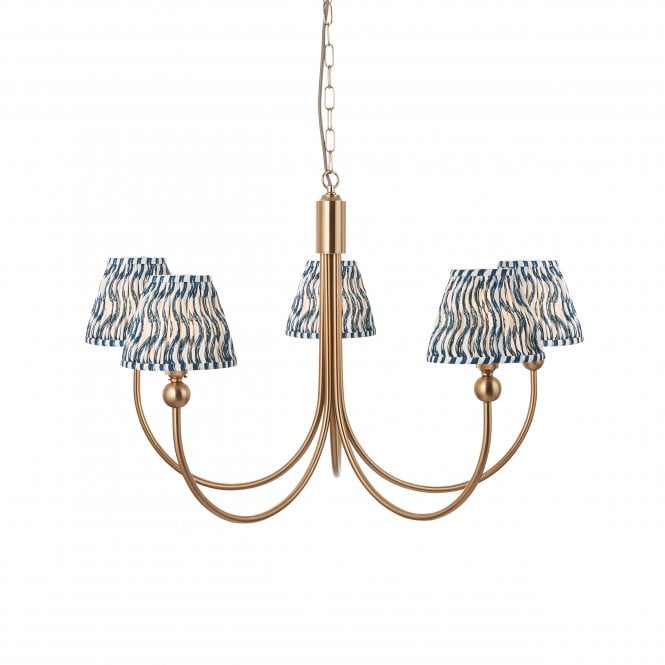Brass Santiago 5 Light Curved Pendant With Ripple Shades In Marlin Blue