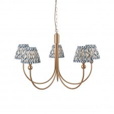 brass curved 5 light ceiling pendant with ripple shades in marlin blue
