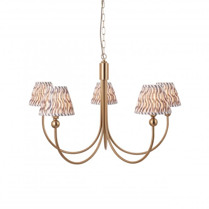 Brass Santiago 5 Light Curved Pendant With Ripple Shades In Pearl Grey