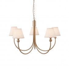 brass curved 5 light pendant ceiling light with vintage white shades