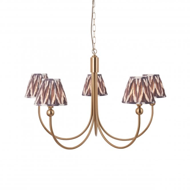 Brass Santiago 5 Light Curved Pendant With Zigzag Shades In Pearl Grey