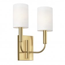 BRIANNA twin burnished brass wall light with white shade