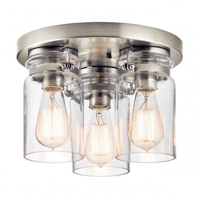 BRINLEY 3 light flush ceiling light in brushed nickel with clear glass shades