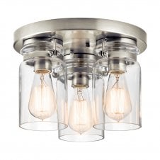 BRINLEY 3 light flush ceiling light in brushed nickel with clear glass shades
