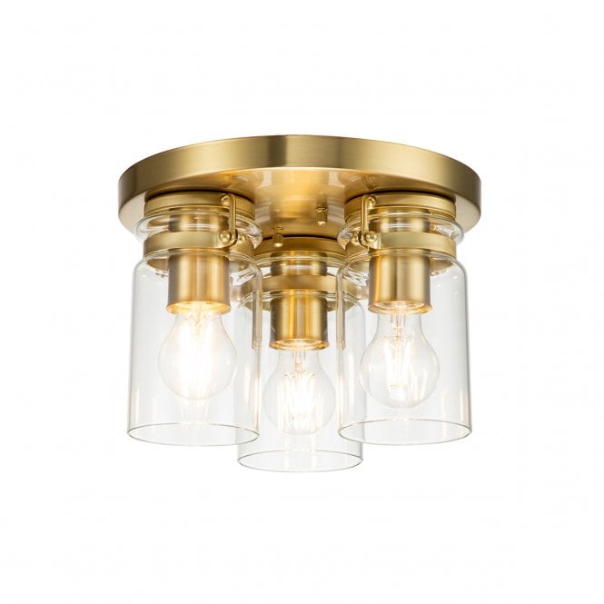 BRINLEY 3 Light Flush Mount In Brushed Brass And Clear Glass