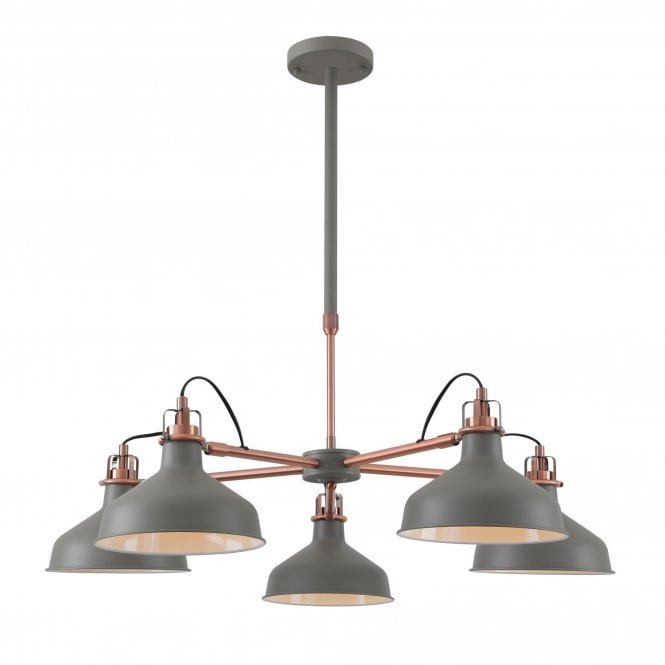 BROCK 5 light industrial style ceiling light in matt grey and copper