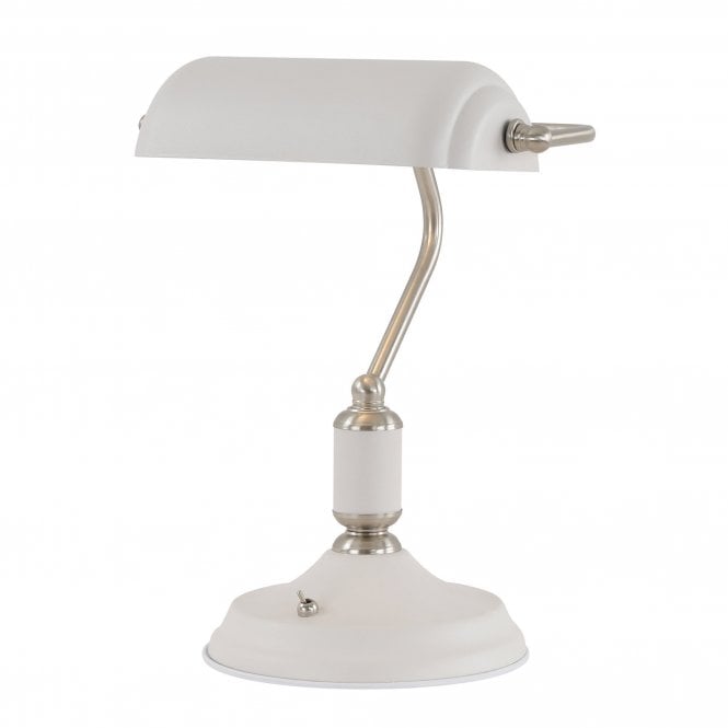 BROCK Banker Style Table Lamp Matt White with Satin Nickel