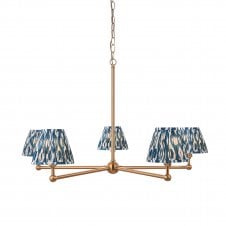 brass 5 light ceiling pendant with ikat blue shades