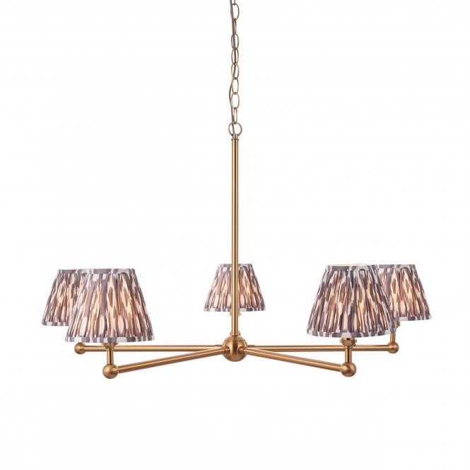 Brushed Brass Santiago 5 Light Pendant With Ikat Shades In Pearl Grey