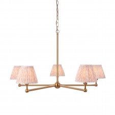 brass 5 light pendant with peach leaf pattern shades