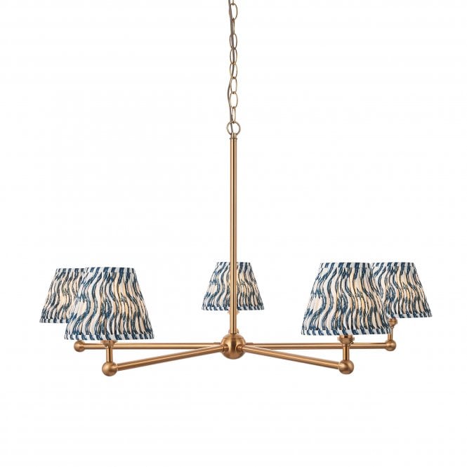 Brushed Brass Santiago 5 Light Pendant With Ripple Shades In Marlin Blue