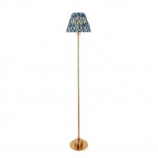 brass rechargeable floor lamp with blue ikat pattern shade