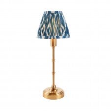 brass rechargeable table lamp with blue ikat pattern shade
