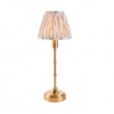 brass rechargeable table lamp with neutral ikat pattern shade