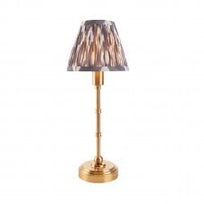 brass rechargeable table lamp with grey ikat pattern shade