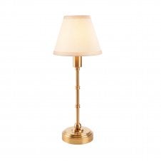 brass rechargeable table lamp with white tapered shade